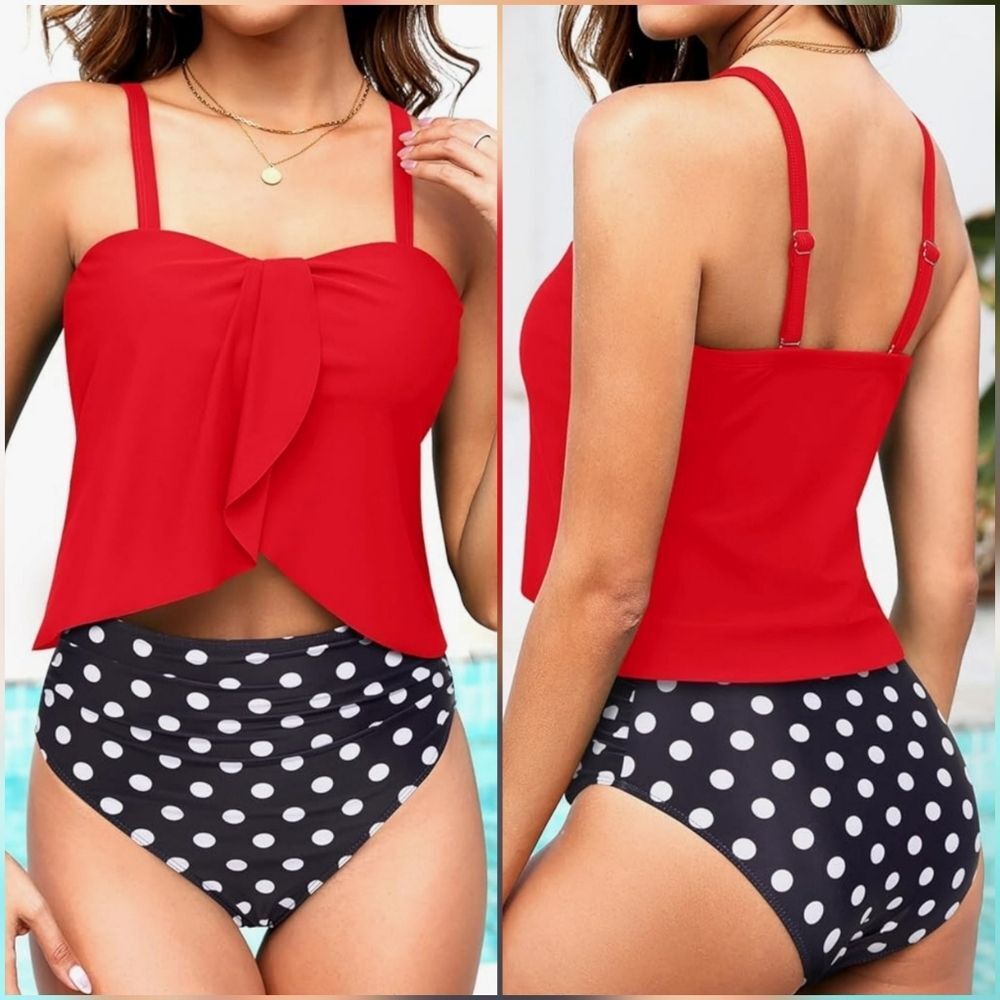 🩵⏭️NWT Red & Black w/White Polka Dot Retro Style Bikini Set Medium